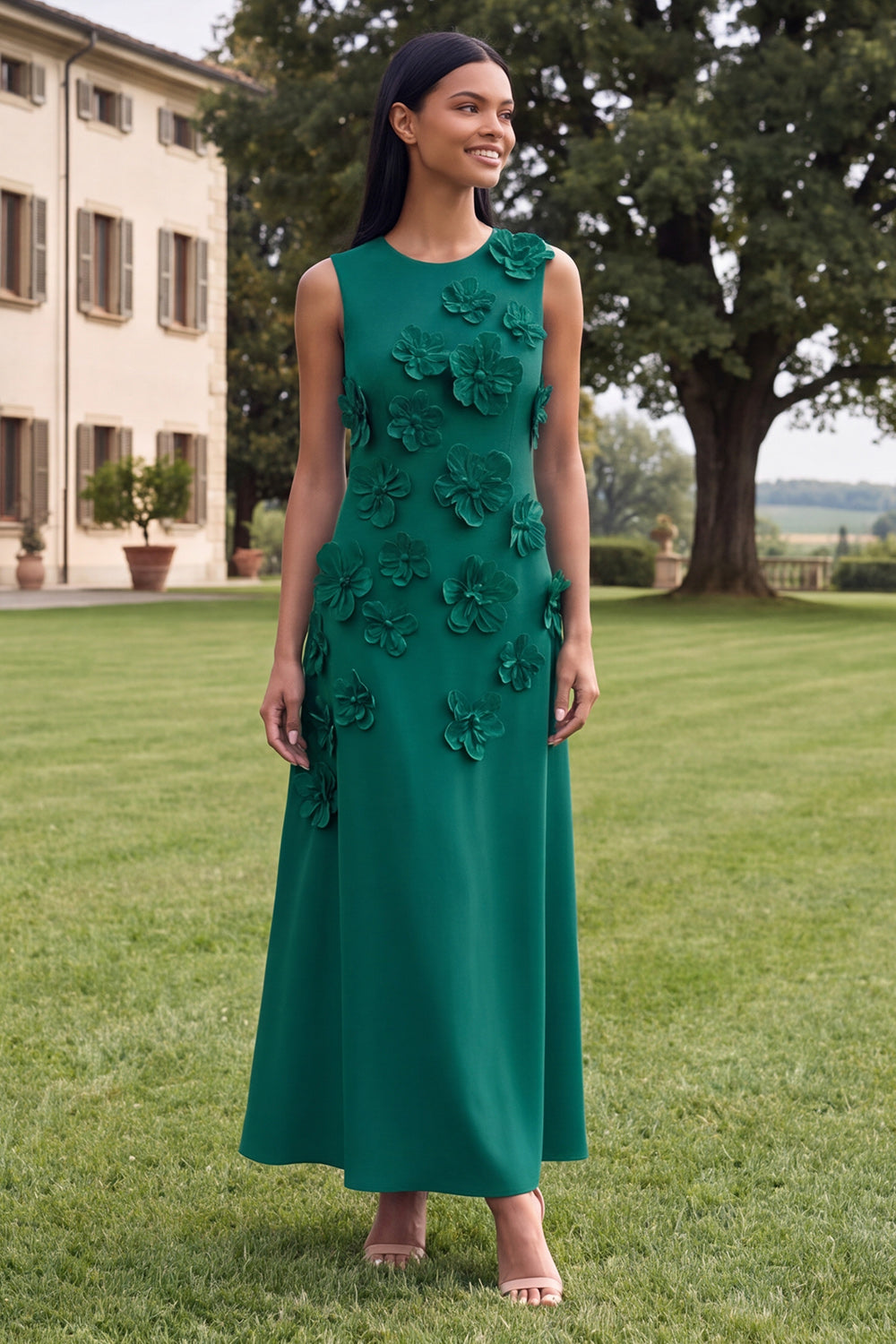 Yellow A Line Floral Round Neck Maxi Wedding Guest Dress
