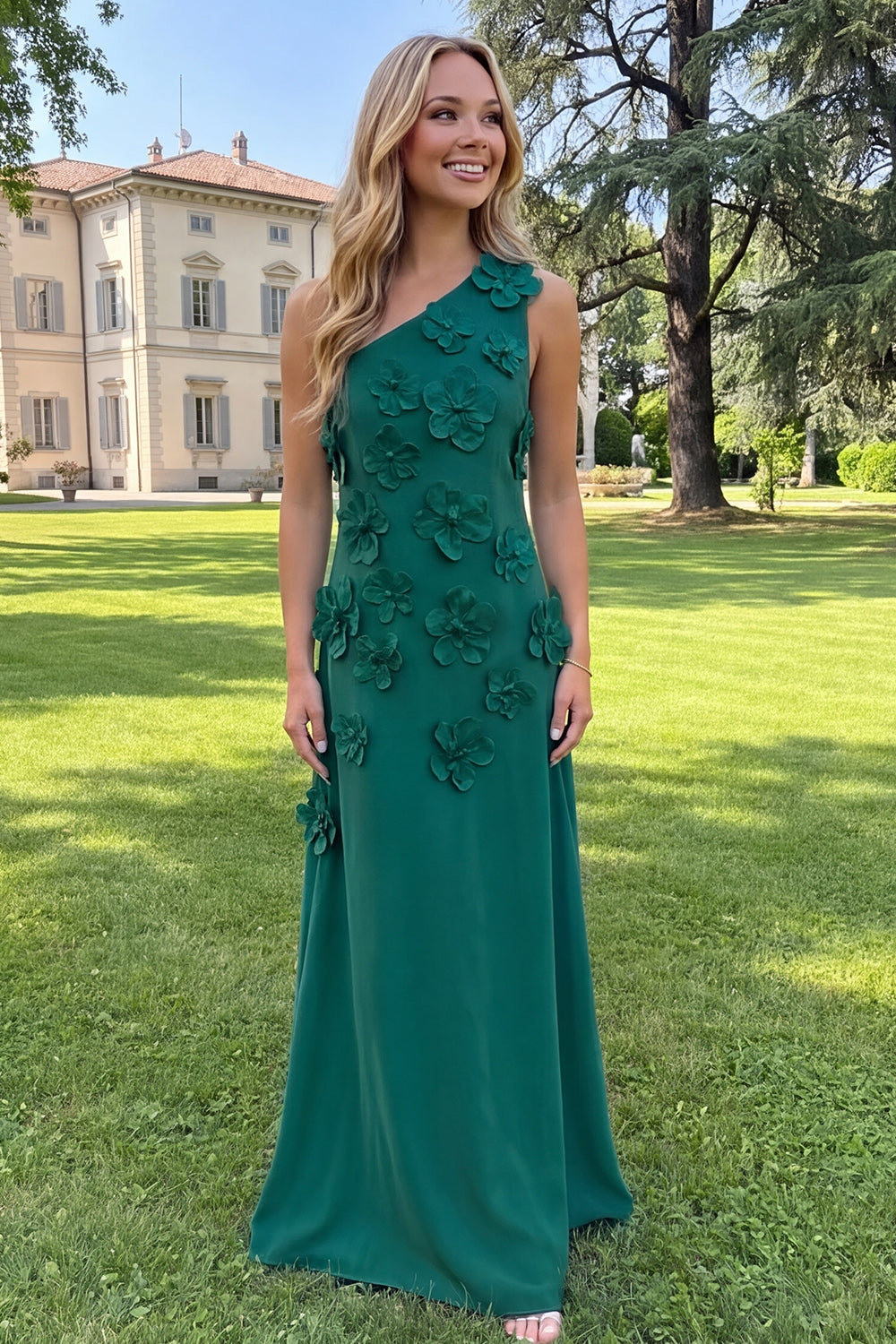 Blue Sheath Floral One Shoulder Maxi Wedding Guest Dress