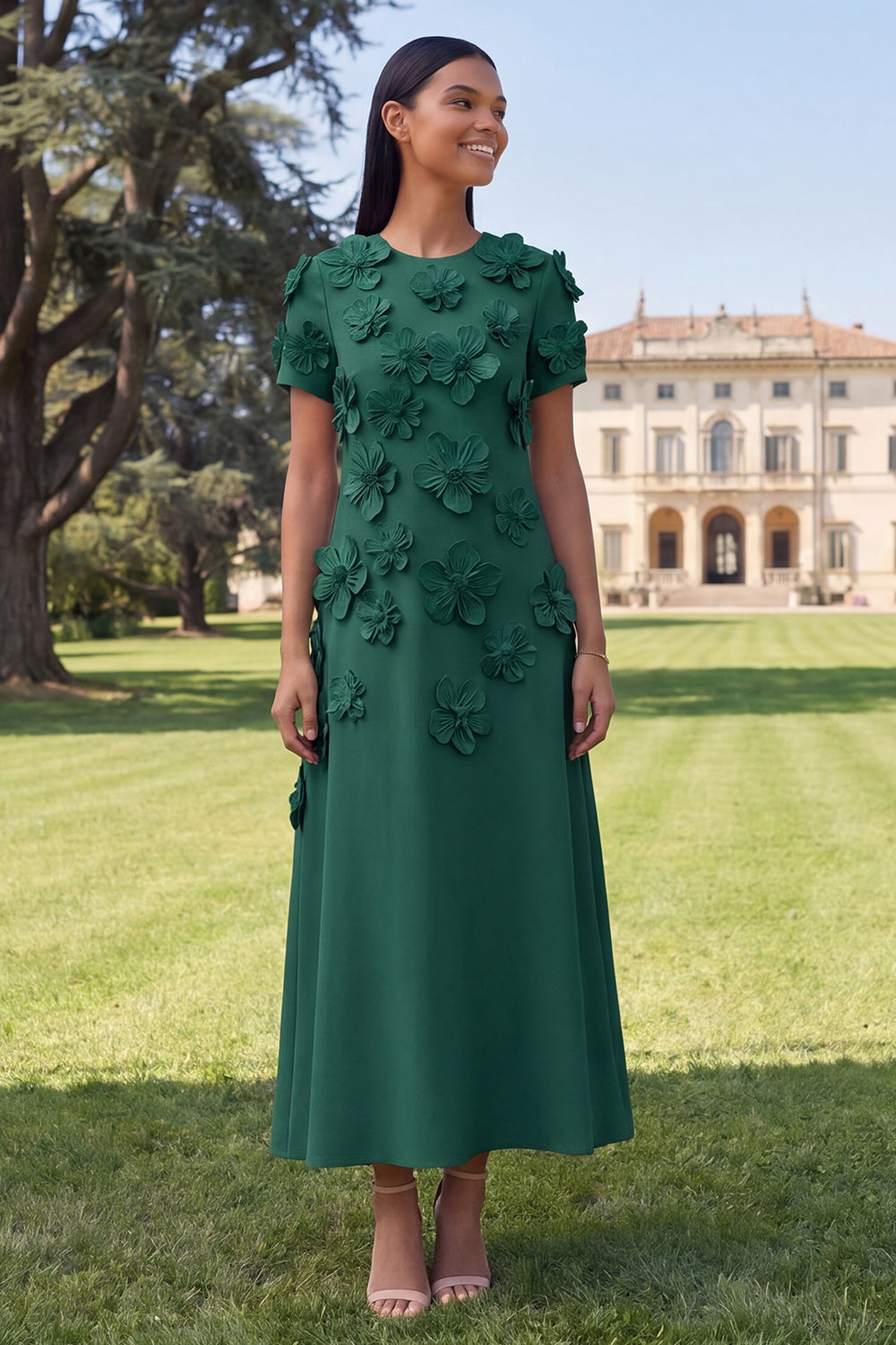 Blue Floral A Line Round Neck Maxi Wedding Guest Dress with Sleeves