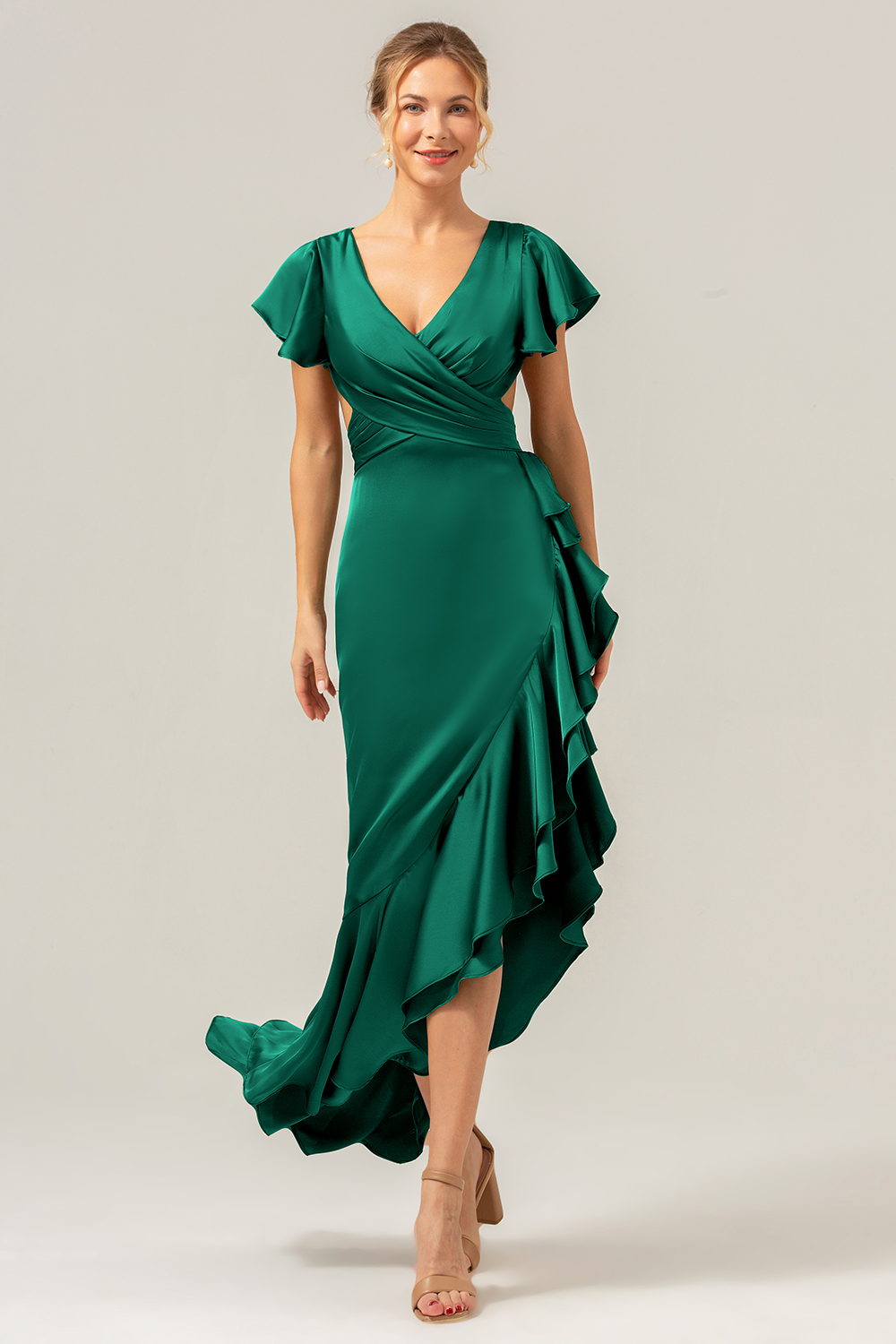 Elegant Asymmetrical Midi Formal Dress with Bow Back