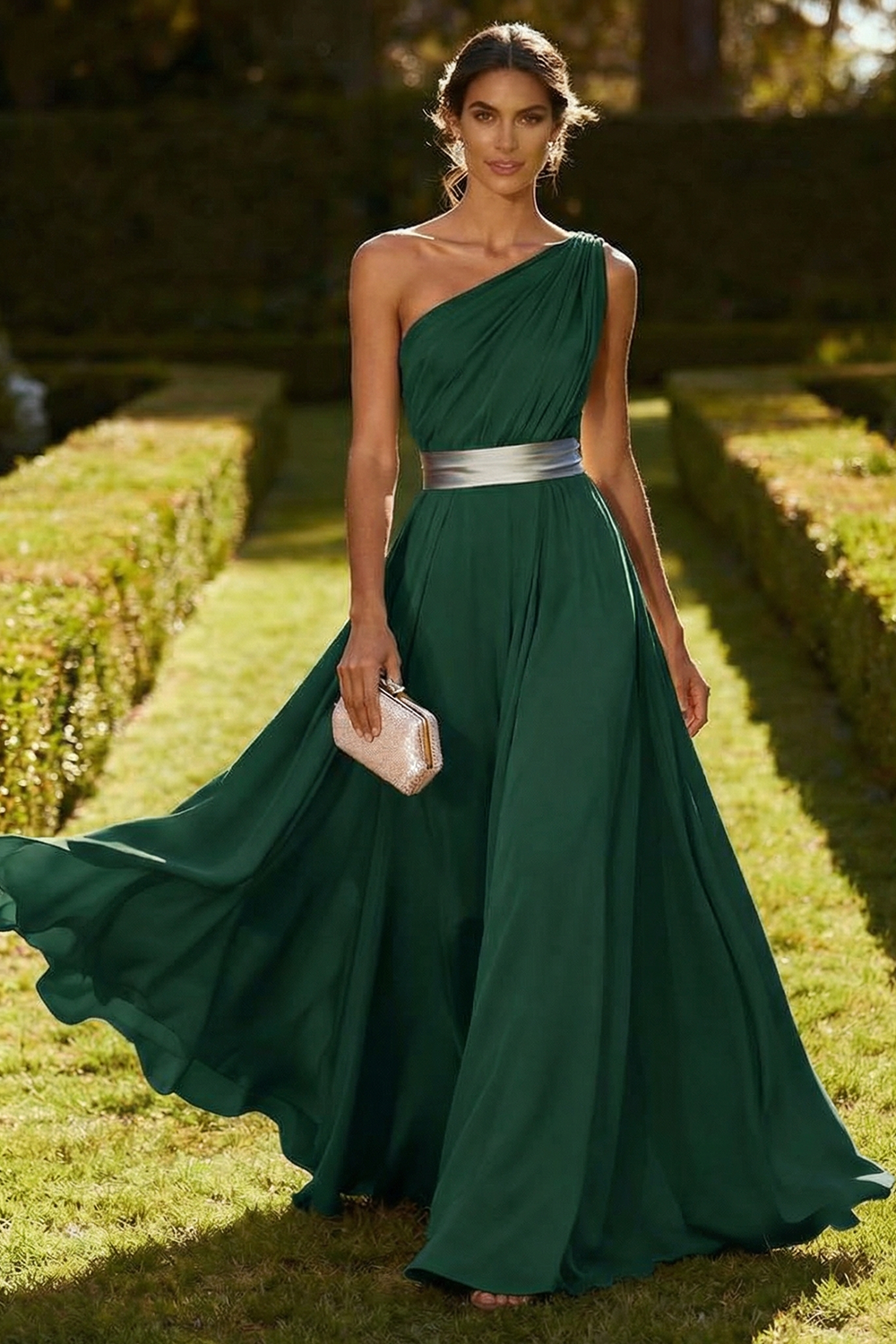 Olive Chiffon One Shoulder Long Ruched Wedding Guest Dress