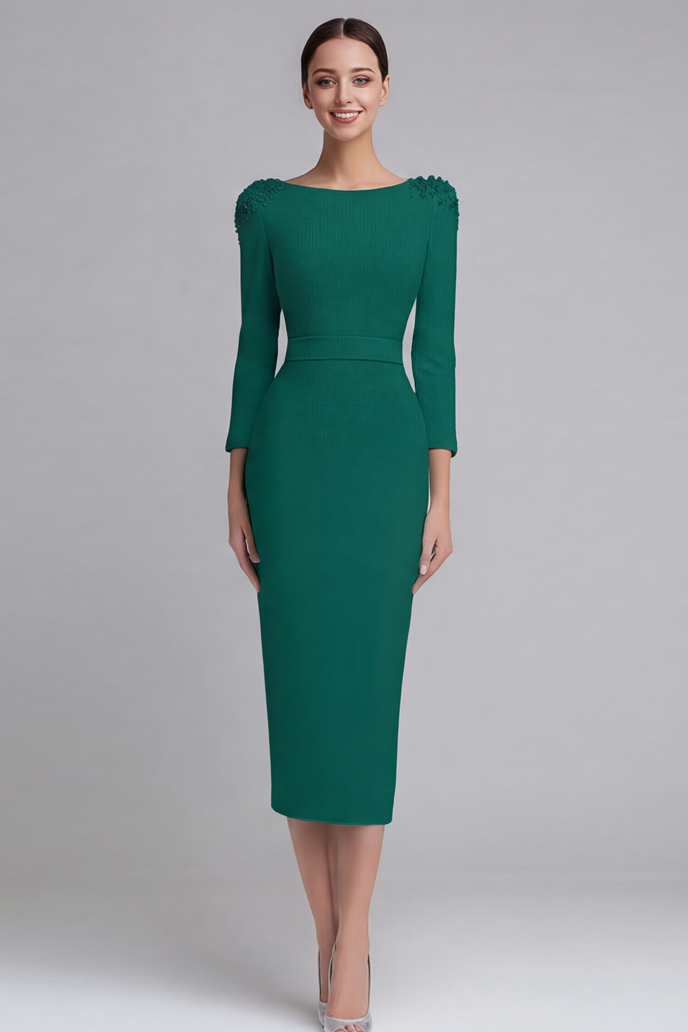 Simple Light Blue Boat Neck Pencil Appliqued Midi Work Dress with Sleeves