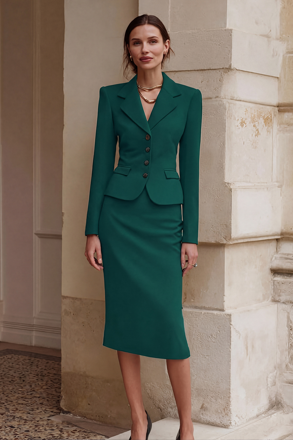 2 Piece Black Single Breasted Pencil Midi Business Suits