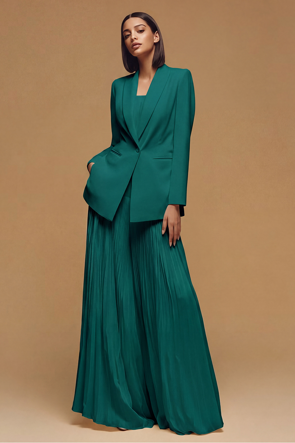 Ivory Pleated Peak Lapel Long Business Jacket