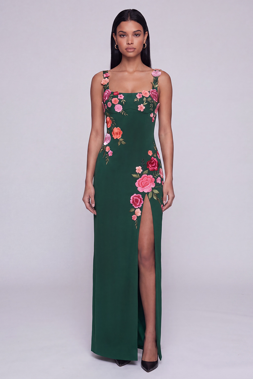 Sheath Black Square Neck Floral Maxi Beach Wedding Guest Dress with Slit