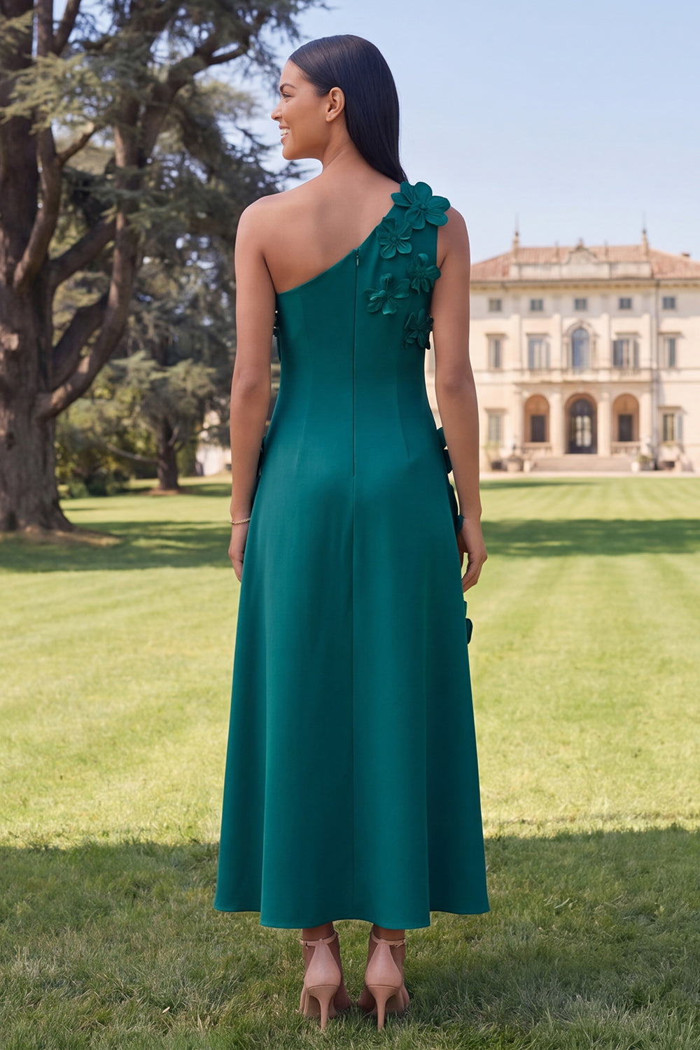 Sage Green One Shoulder A Line Maxi Wedding Guest Dress with 3D Flowers