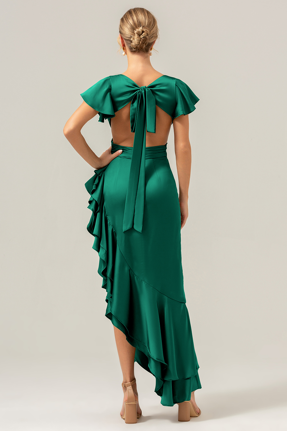 Elegant Asymmetrical Midi Formal Dress with Bow Back