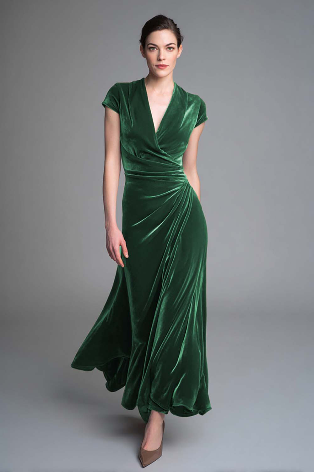 Elegant Caramel Velvet Ruched V Neck Long Holiday Party Dress with Sleeves
