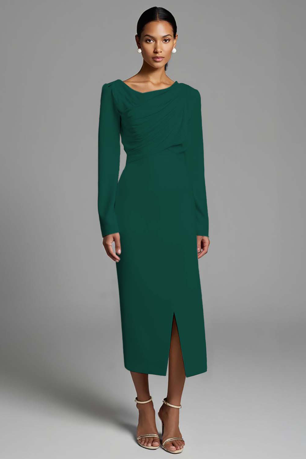 Ivory Ruched Sheath Long Sleeves Work Dress with Slit