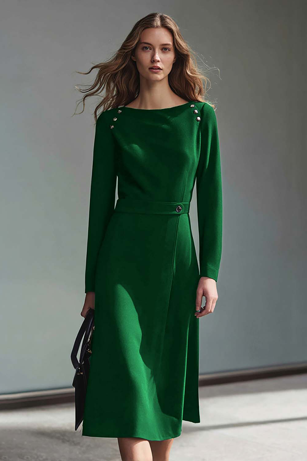 Dark Purple Pencil Bateau Neck Midi Work Dress with Sleeves