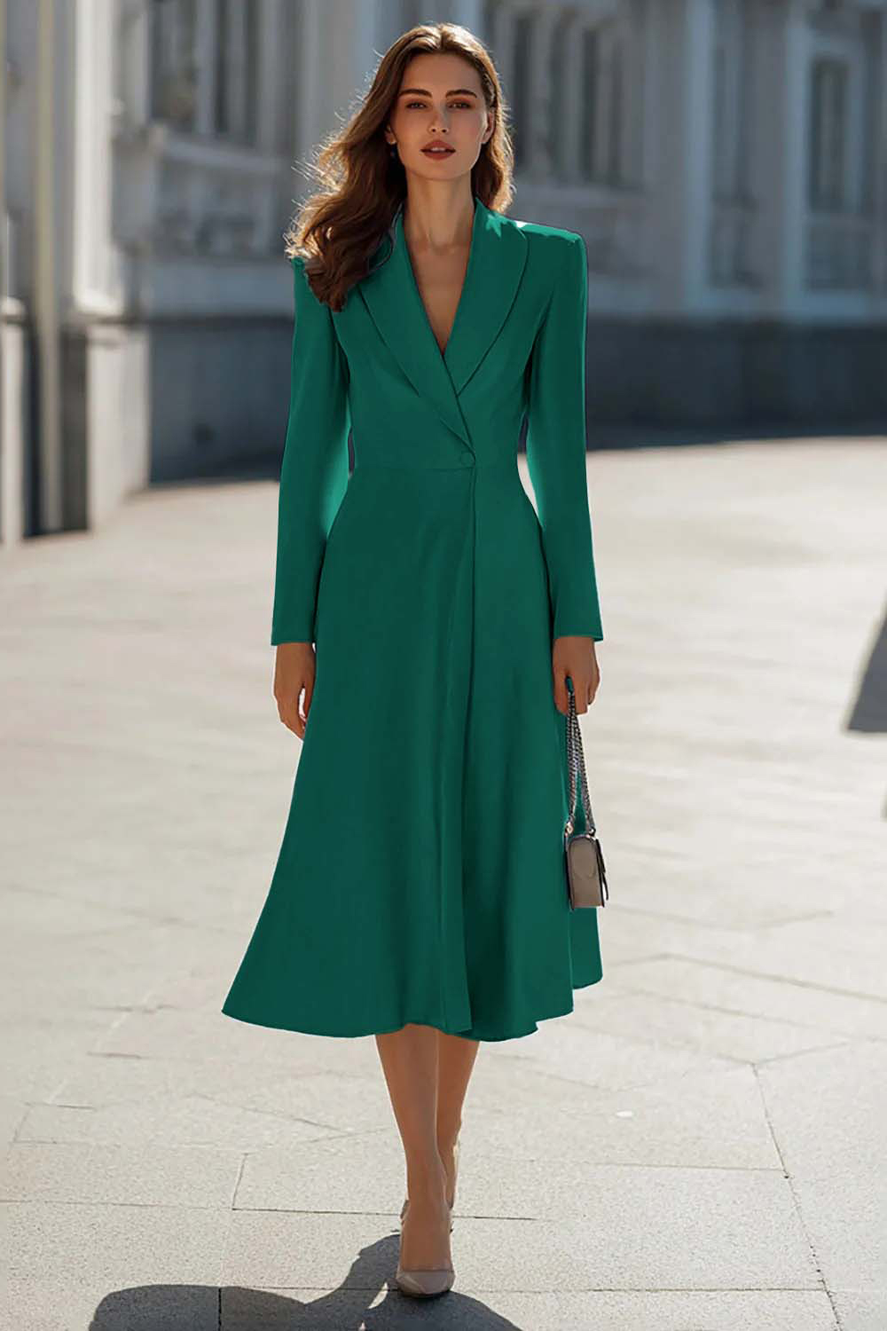 Sky Blue A Line Shawl Lapel Midi Blazer Dress with Sleeves