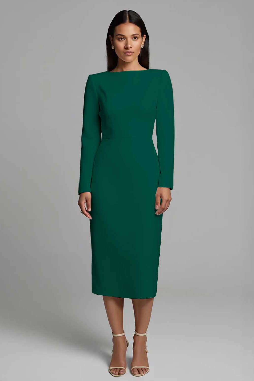 Simple Ivory Pencil Bateau Neck Long Sleeves Midi Work Dress with Slit