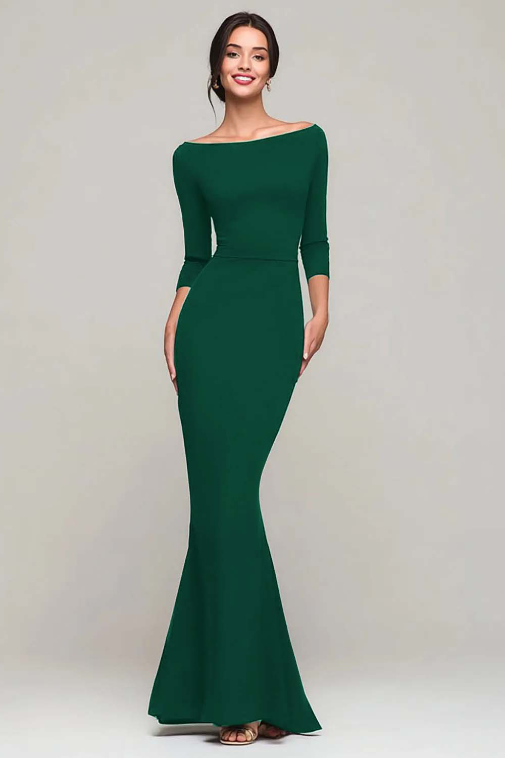 Elegant Black Mermaid Boat Neck Long Evening Dress with Sleeves