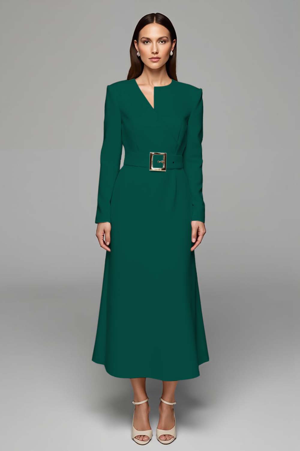 Ivory Asymmetrical Neck Long Sleeves Work Dress with Belt