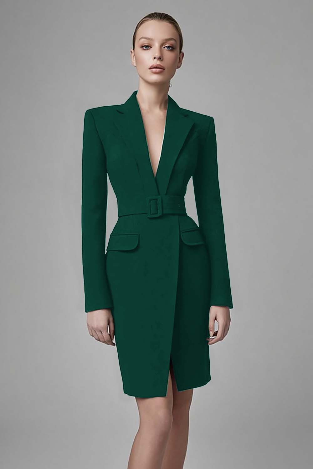 Simple Black Bodycon Long Sleeves Short Blazer Dress with Belts