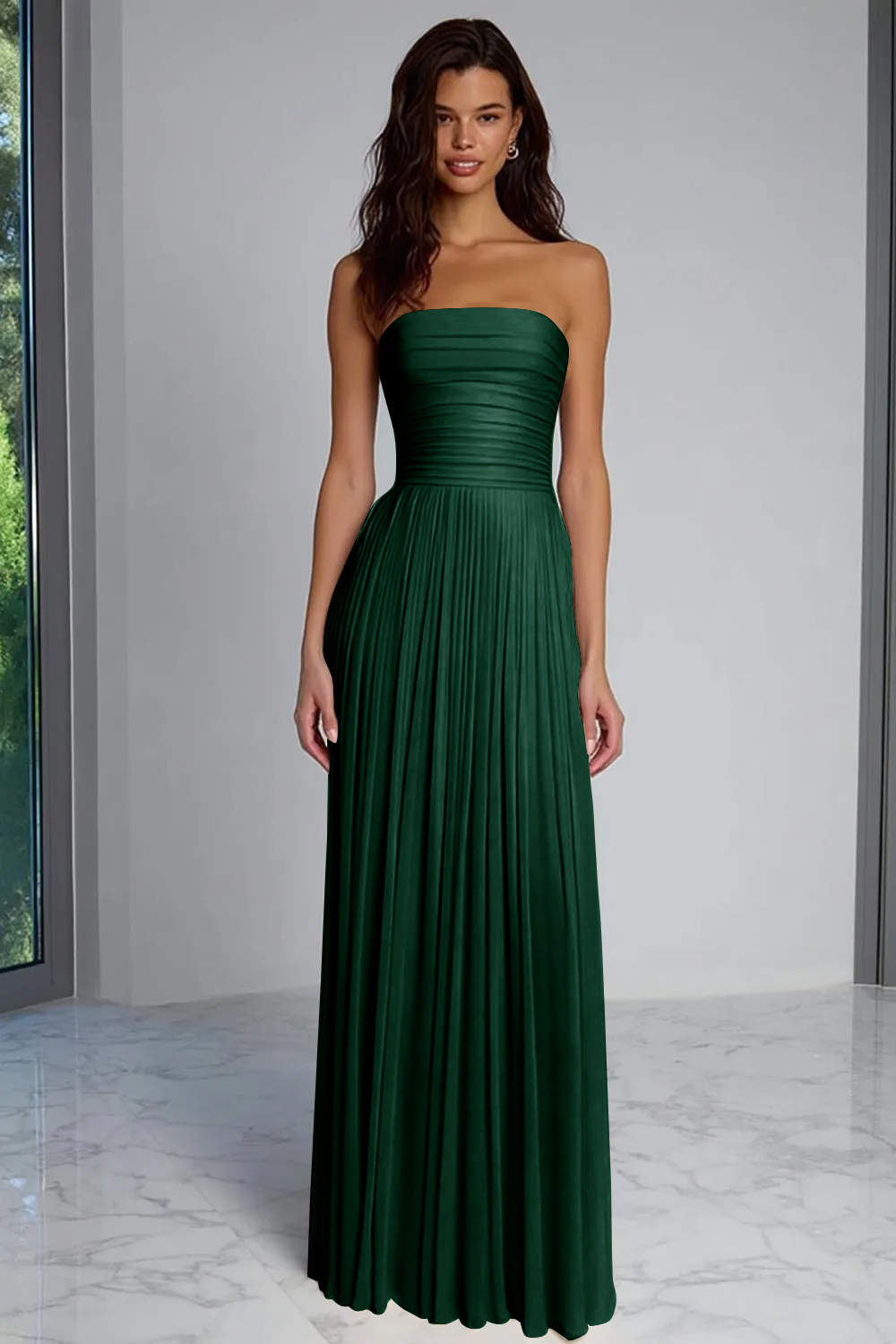 Champagne Sheath Strapless Pleated Long Wedding Guest Dress