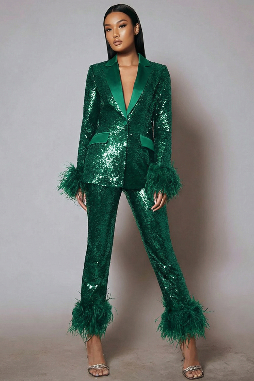 2 Piece Sparkly Black Sequins Women Party Suits with Feathers