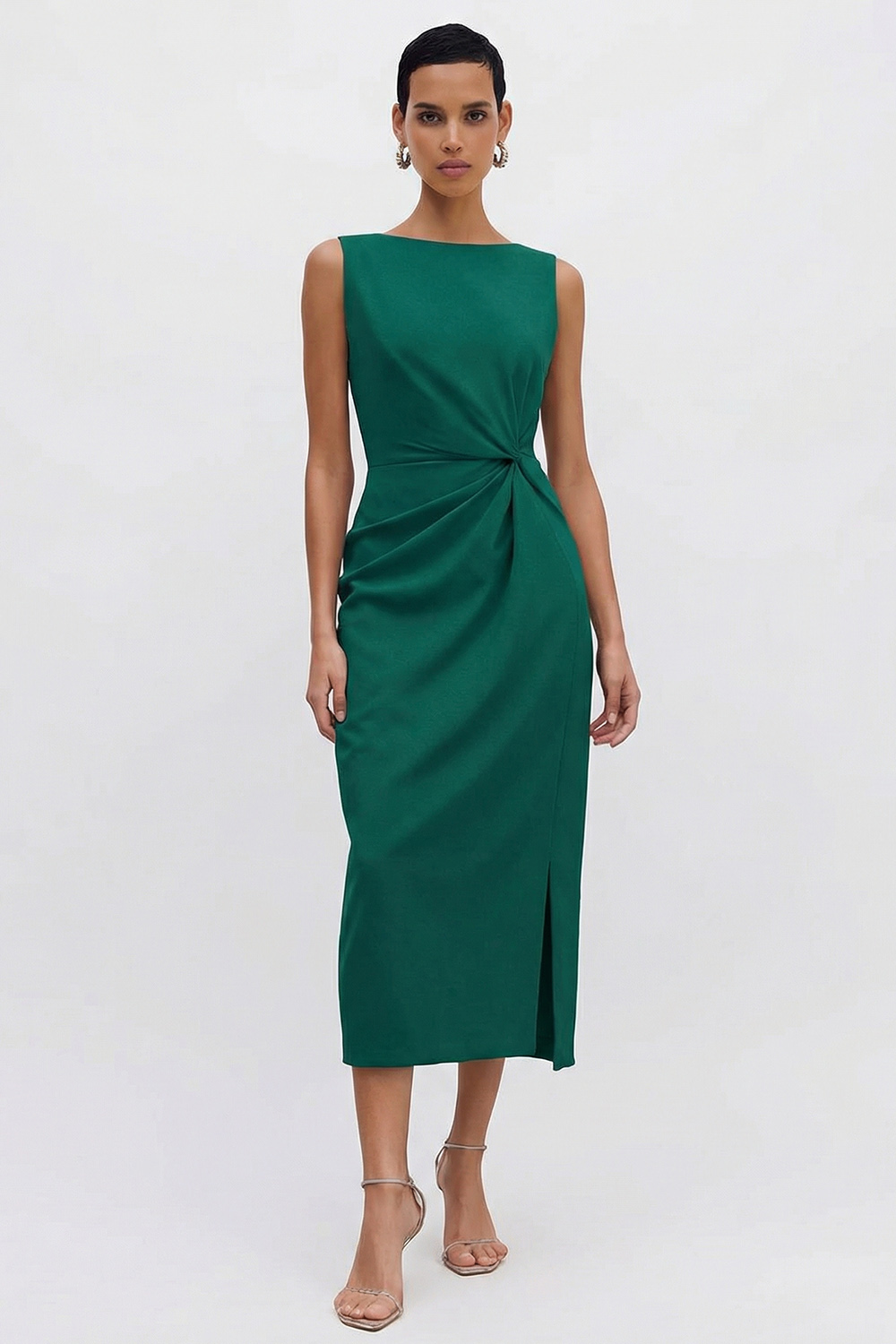 Orange Ruched Bateau Neck Midi Pencil Work Dress with Slit