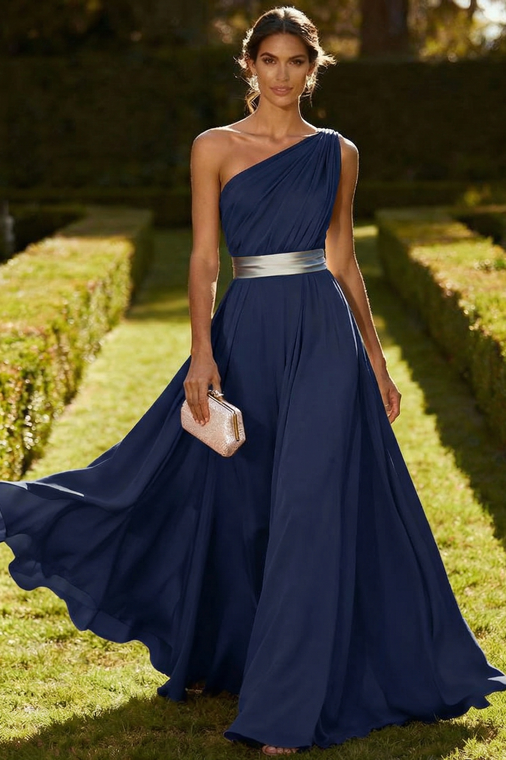 Olive Chiffon One Shoulder Long Ruched Wedding Guest Dress