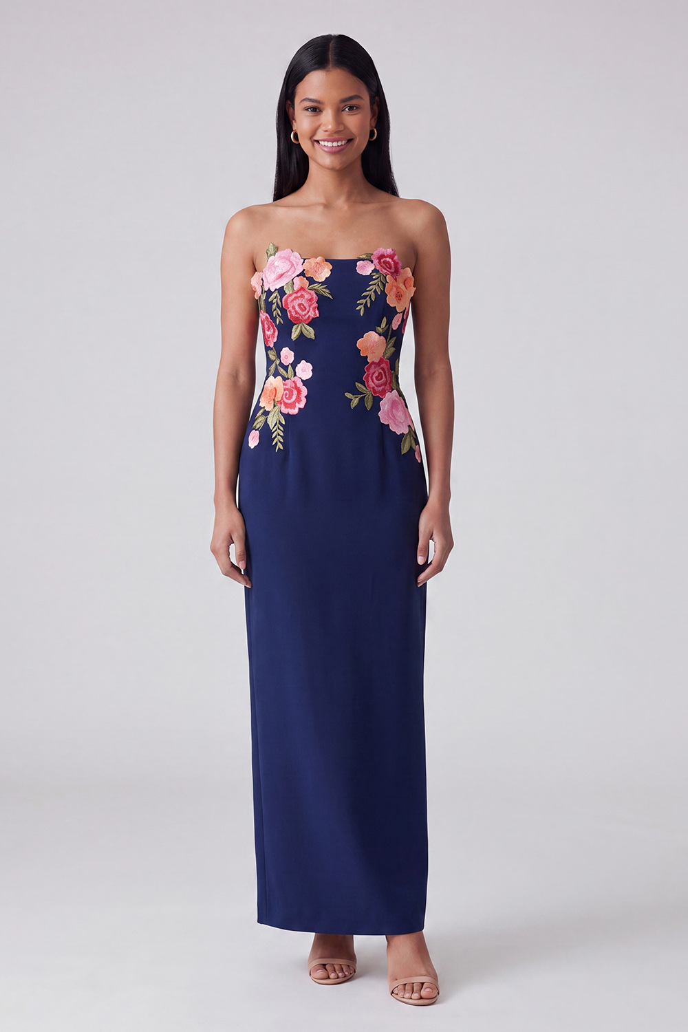 Black Strapless Floral Sheath Maxi Wedding Guest Dress