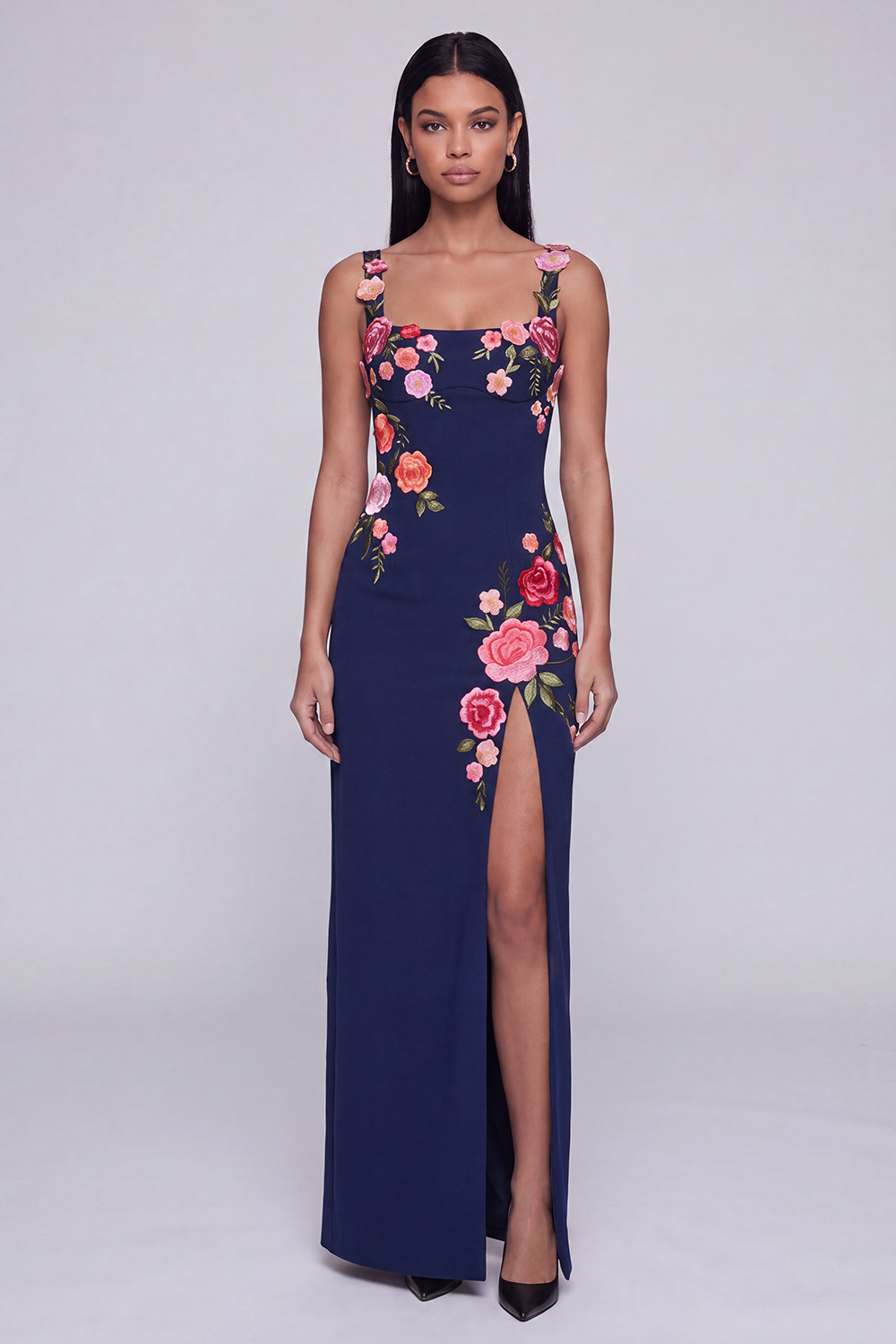Sheath Black Square Neck Floral Maxi Beach Wedding Guest Dress with Slit