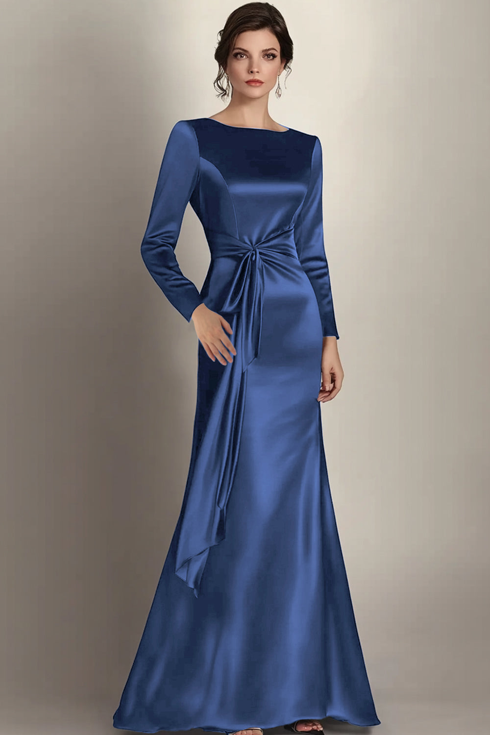 Elegant Black Satin Sheath Long Sleeves Mother of the Bride Dress