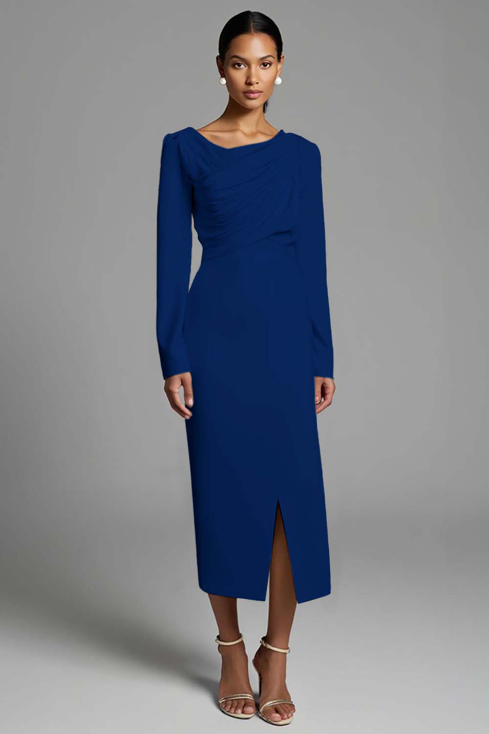 Ivory Ruched Sheath Long Sleeves Work Dress with Slit