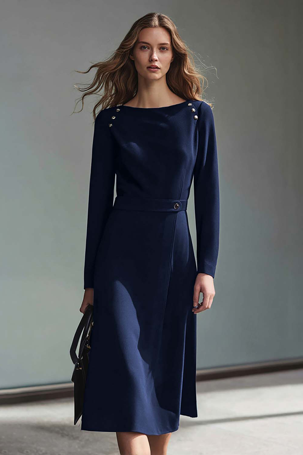 Dark Purple Pencil Bateau Neck Midi Work Dress with Sleeves
