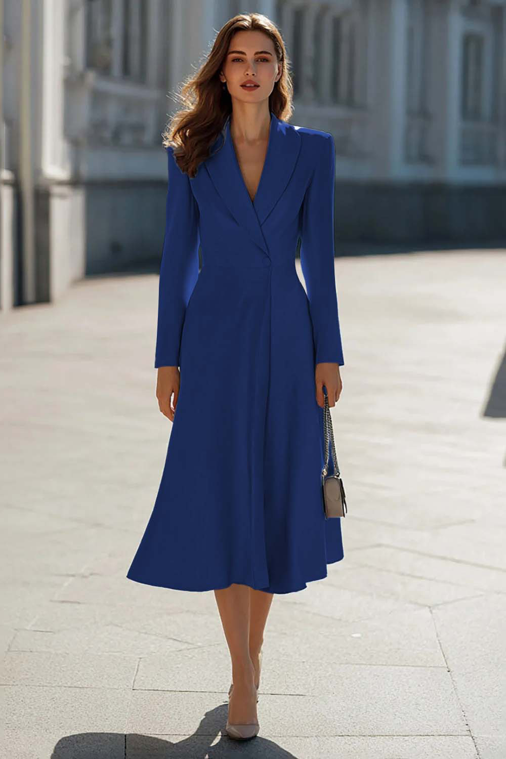 Sky Blue A Line Shawl Lapel Midi Blazer Dress with Sleeves