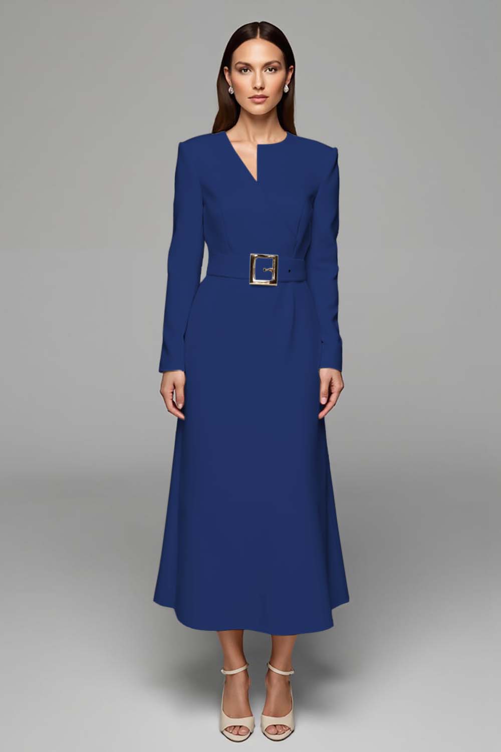 Ivory Asymmetrical Neck Long Sleeves Work Dress with Belt