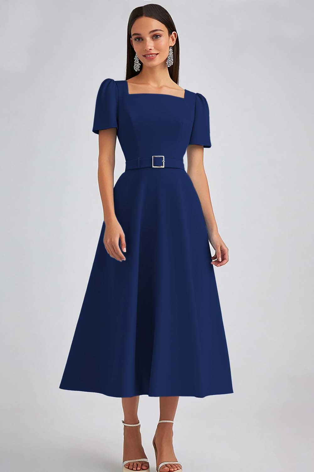 Sky Blue Satin Square Neck A Line Midi Work Dress with Sleeves