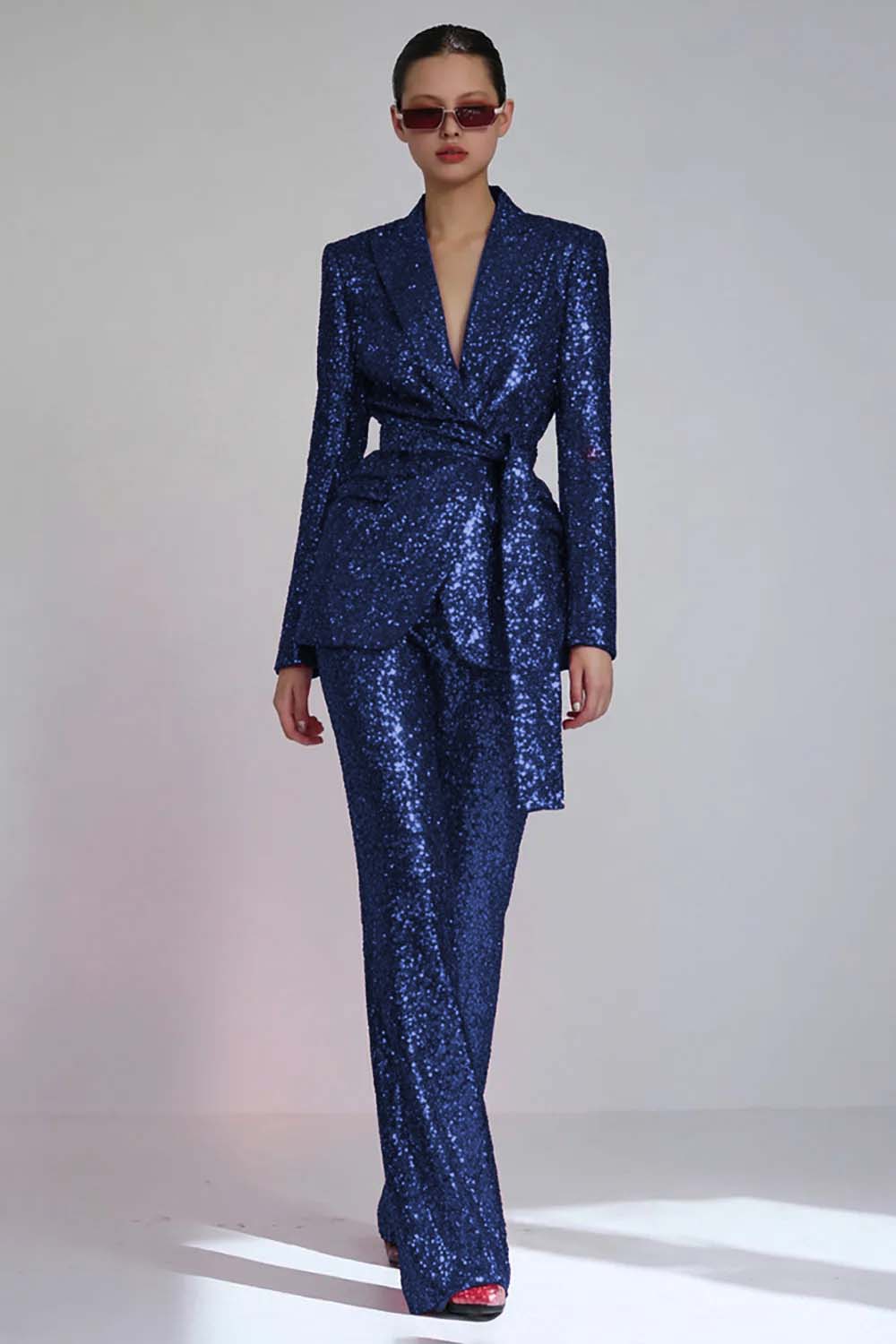 Red Sparkly 2 Piece Sequins Women Party Suits with Sash