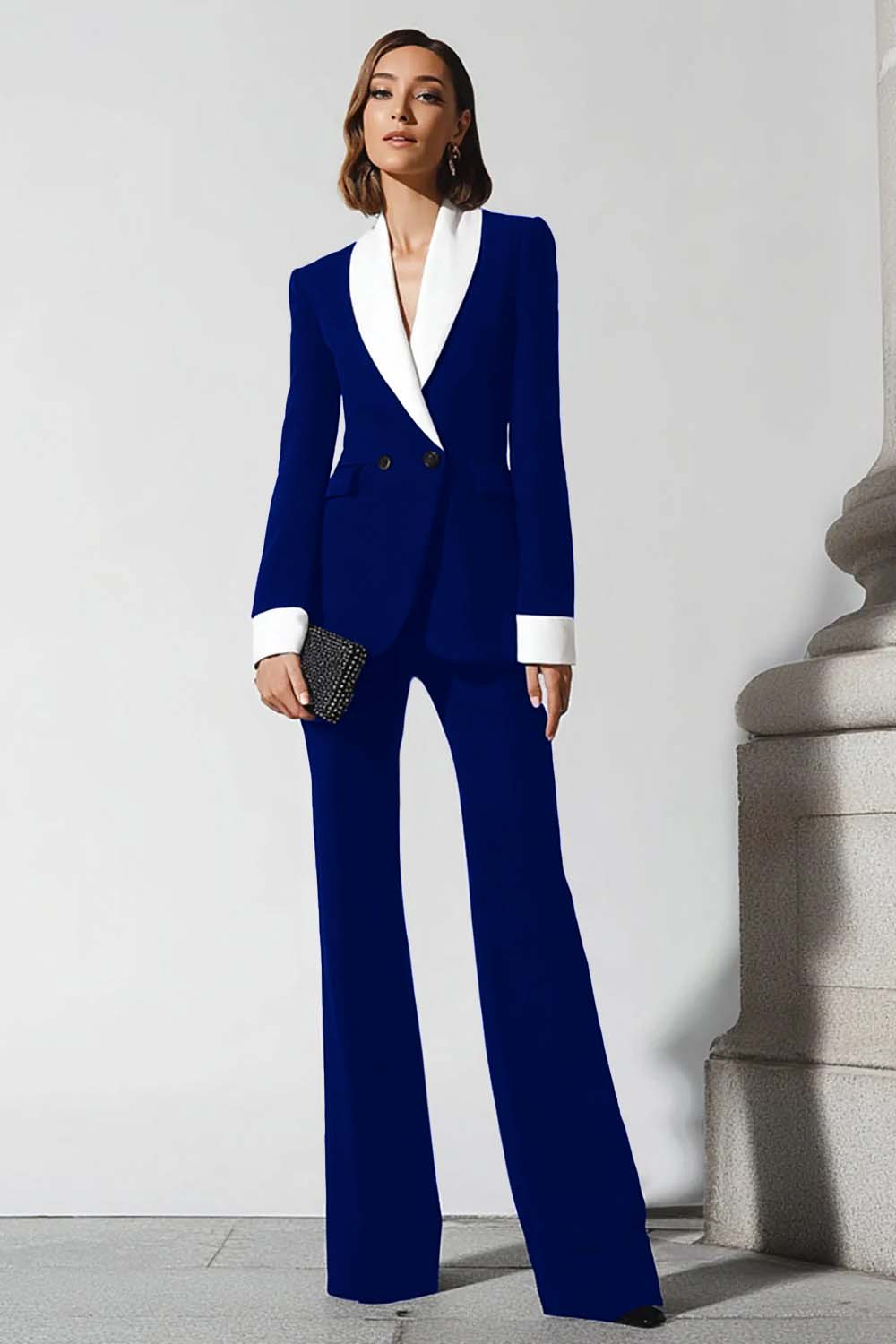 Black 2 Piece Shawl Lapel Flare Leg Business Suits with Sleeves