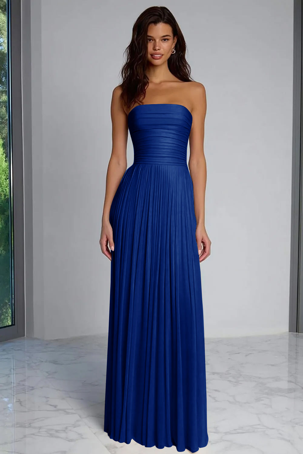 Champagne Sheath Strapless Pleated Long Wedding Guest Dress