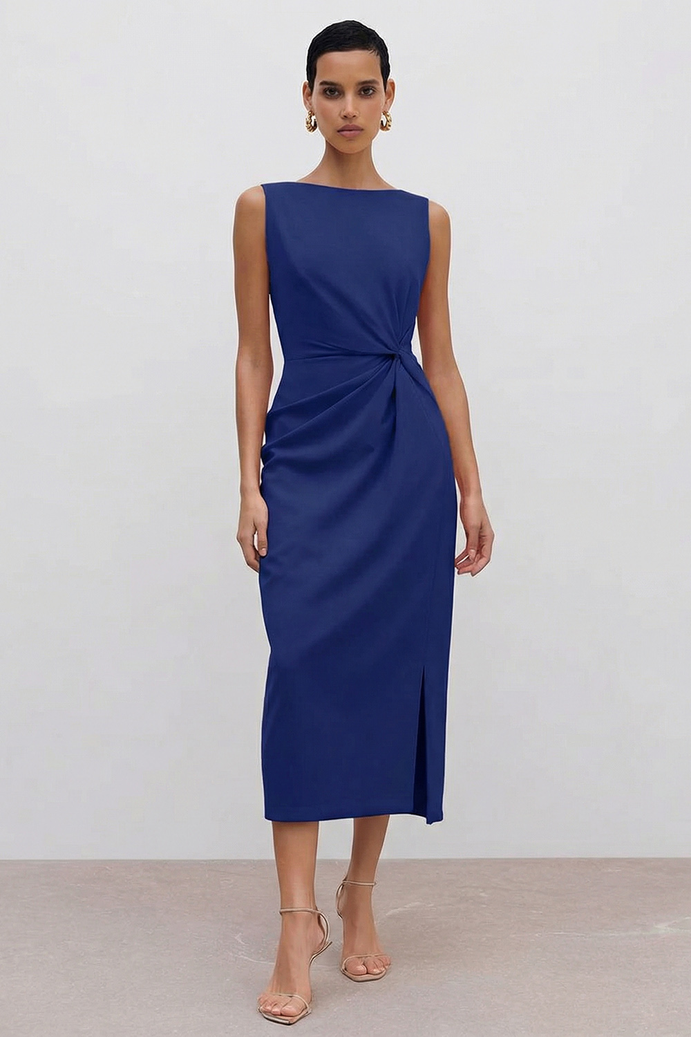 Orange Ruched Bateau Neck Midi Pencil Work Dress with Slit