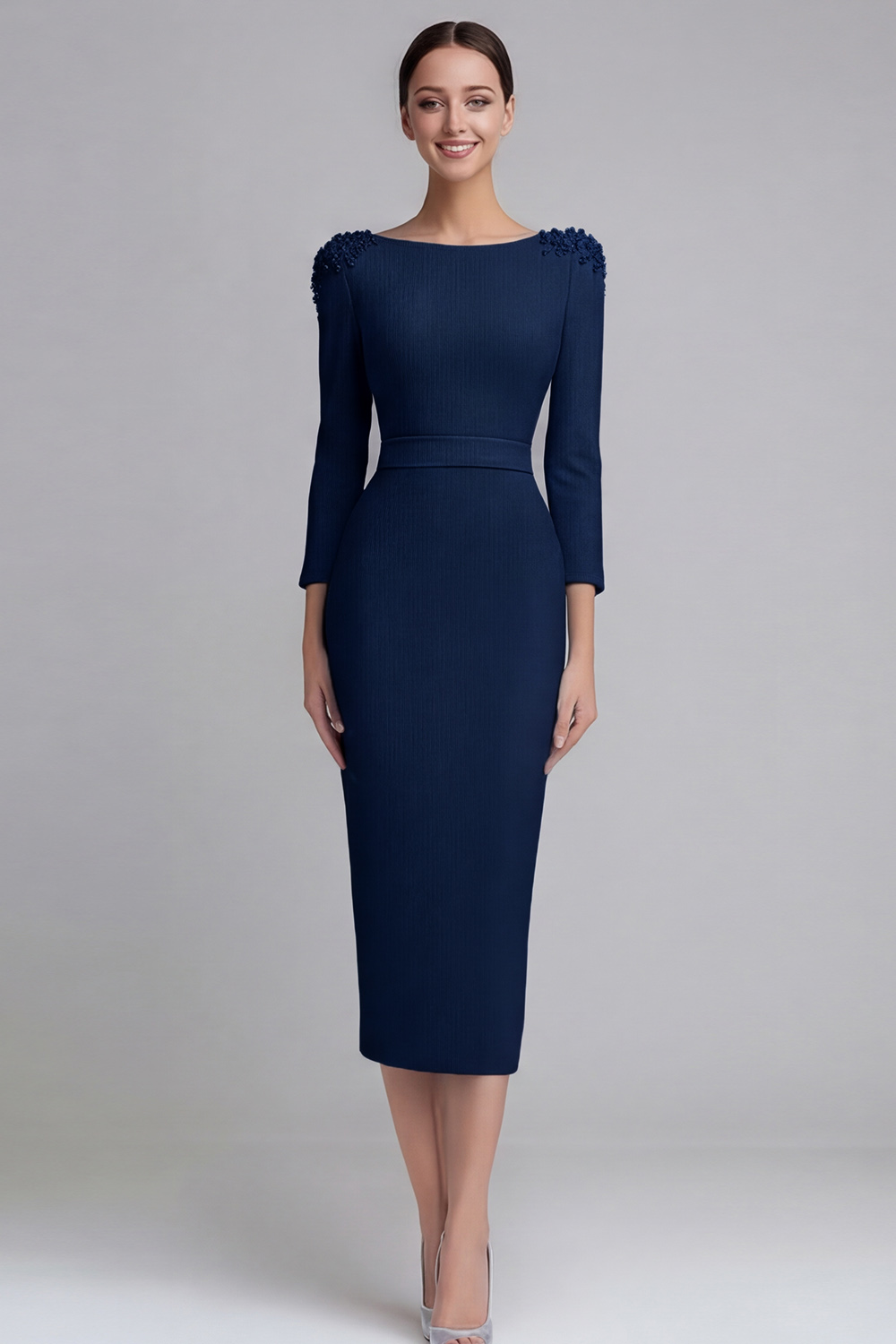 Simple Light Blue Boat Neck Pencil Appliqued Midi Work Dress with Sleeves