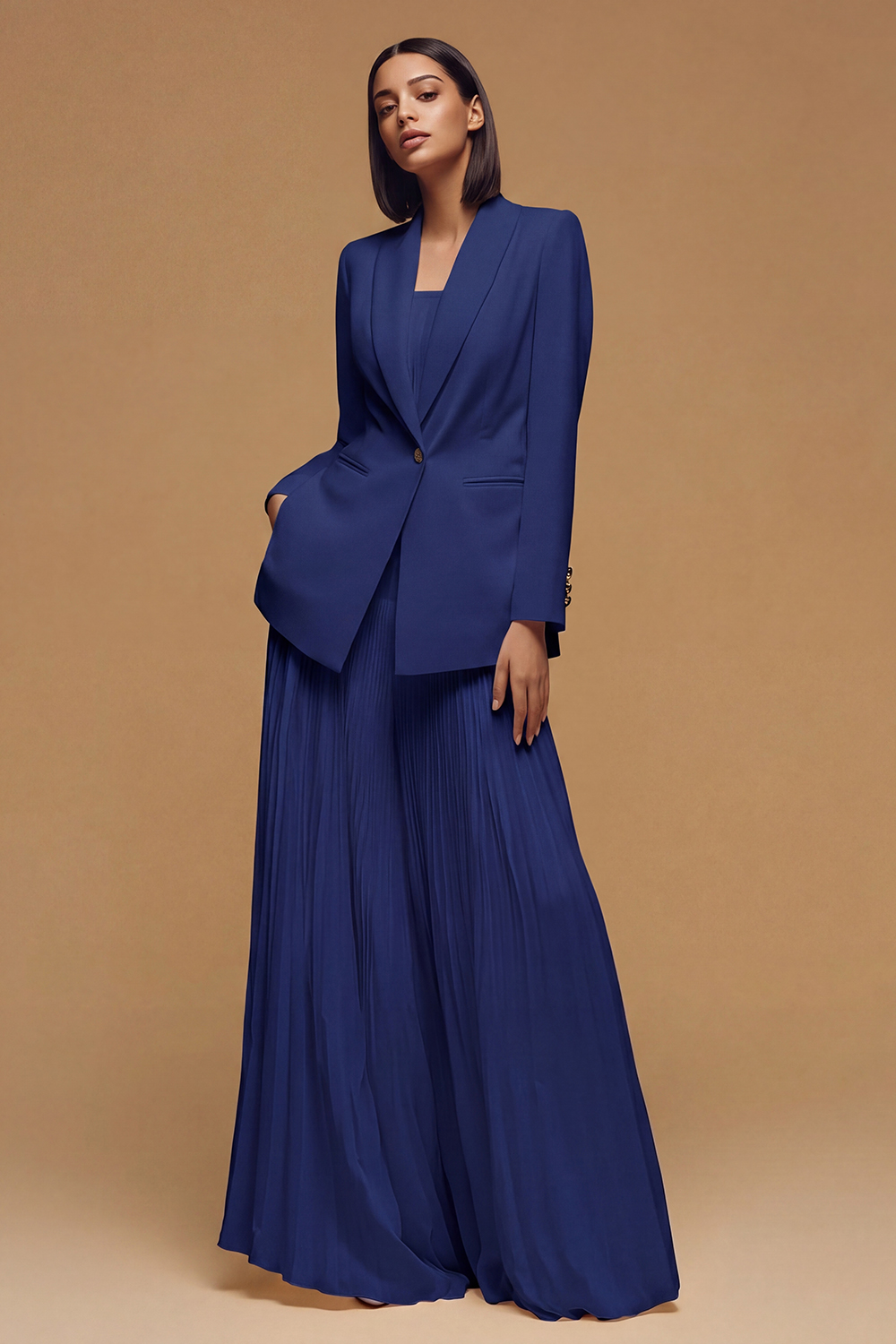 Ivory Pleated Peak Lapel Long Business Jacket