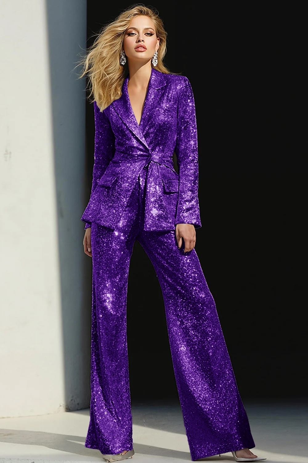 Sparkly Silver 2 Piece Sequins Notched Lapel Women Party Suits