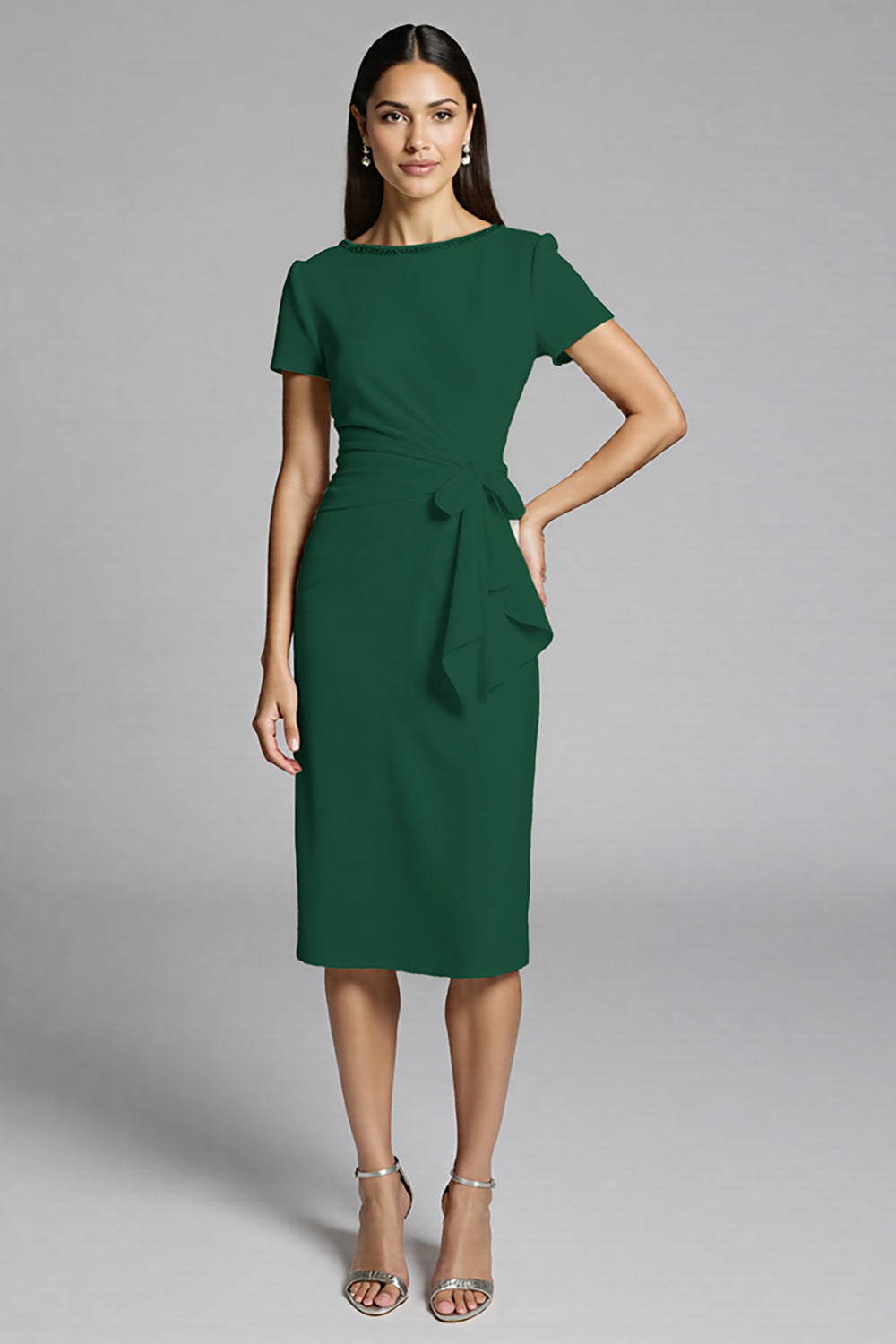 Beige Satin Bodycon Ruffled Midi Work Dress with Sleeves