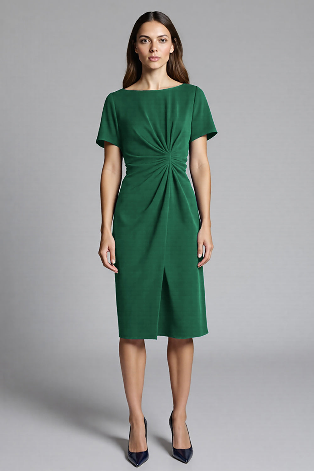 Navy Satin Bodycon Ruched Midi Work Dress with Sleeves