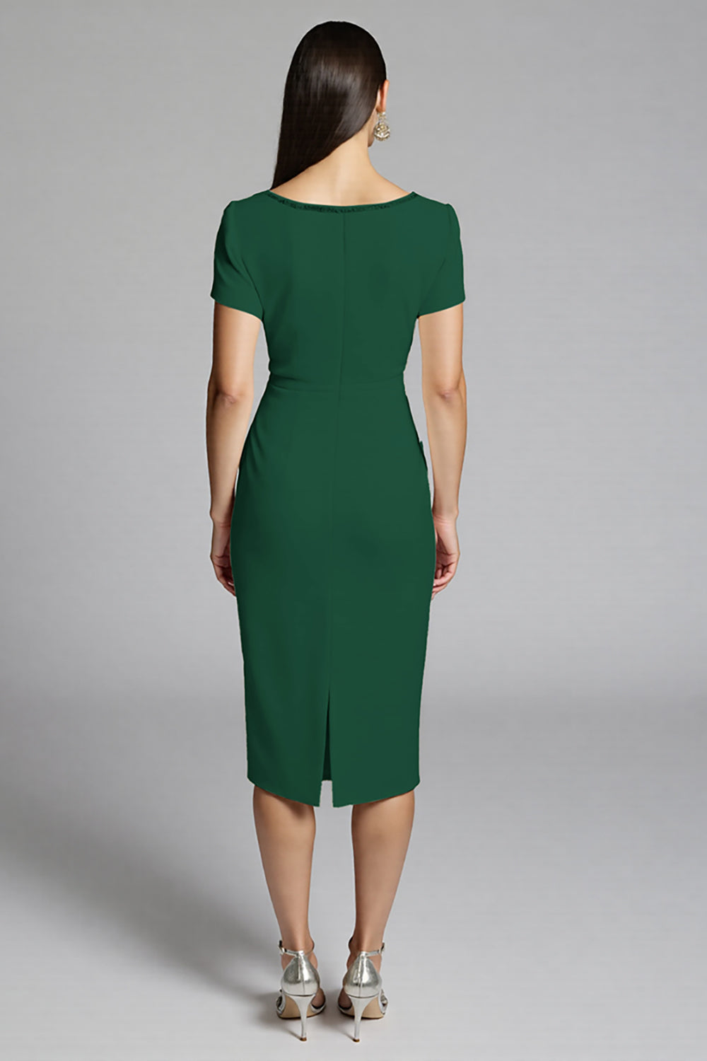 Beige Satin Bodycon Ruffled Midi Work Dress with Sleeves