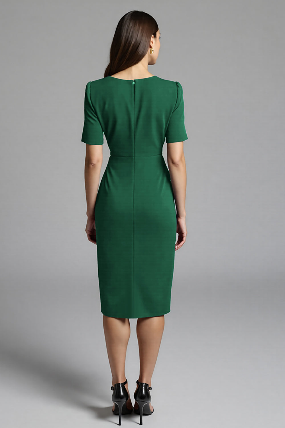 Navy Satin Bodycon Ruched V-Neck Midi Work Dress with Sleeves