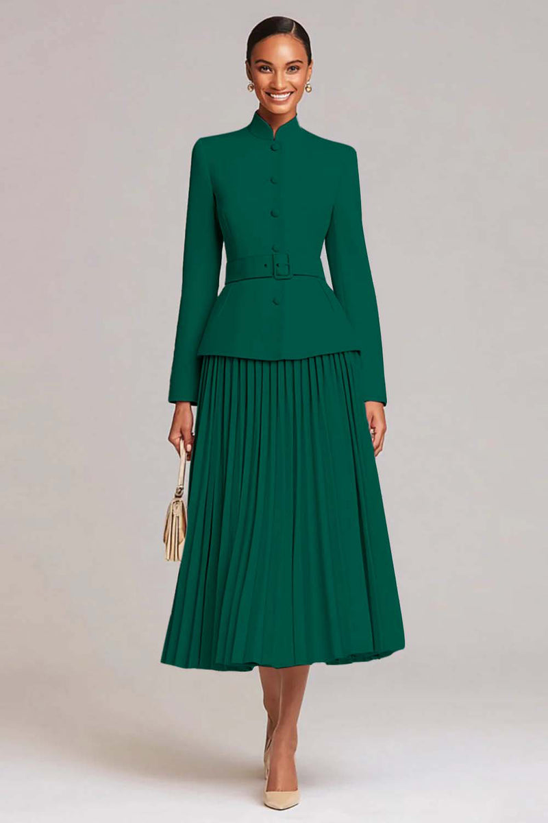 2 Piece Light Pink Pleated High Neck Business Suits with Belt