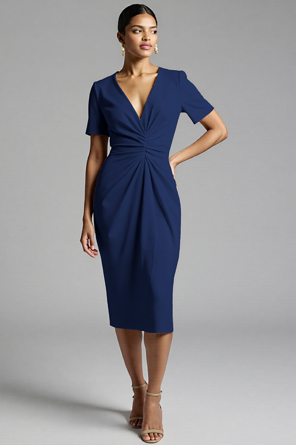 Champagne Satin V-Neck Bodycon Midi Work Dress with Sleeves