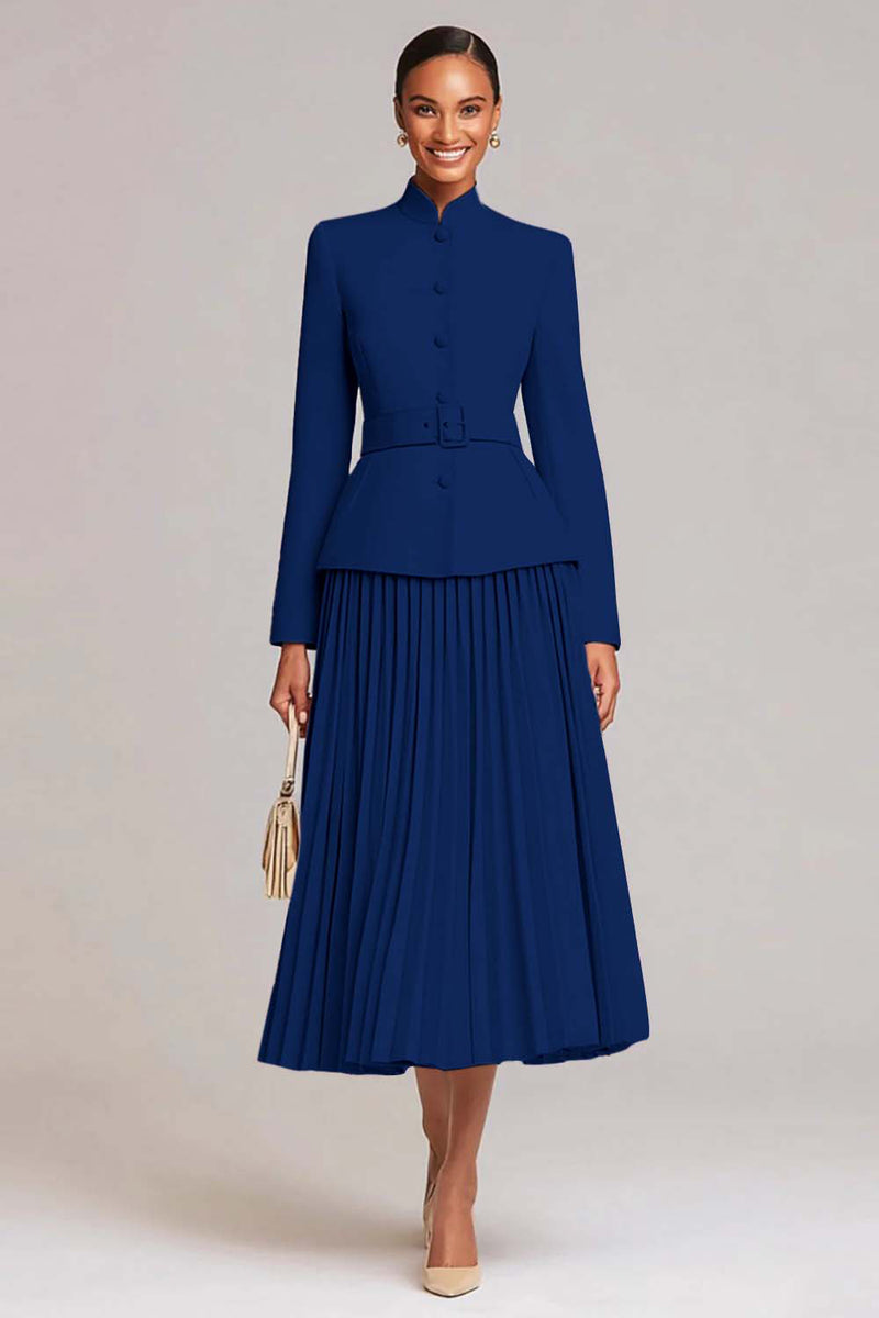 2 Piece Light Pink Pleated High Neck Business Suits with Belt