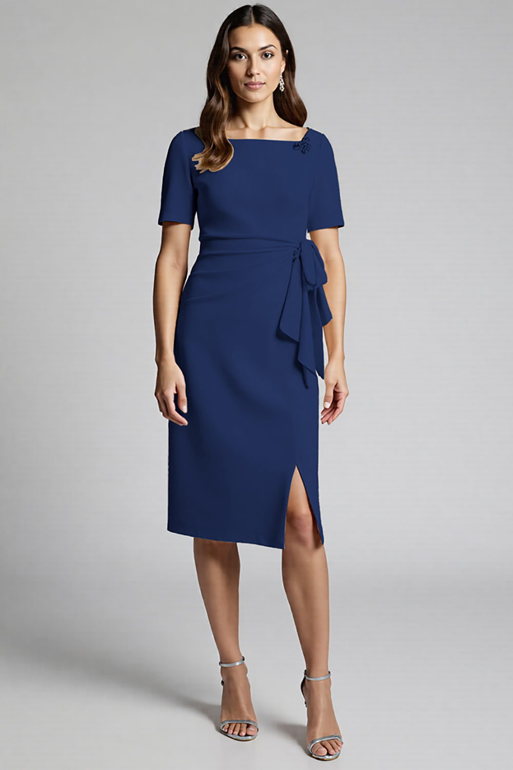 Champagne Bodycon Satin Midi Ruffled Work Dress with Slit