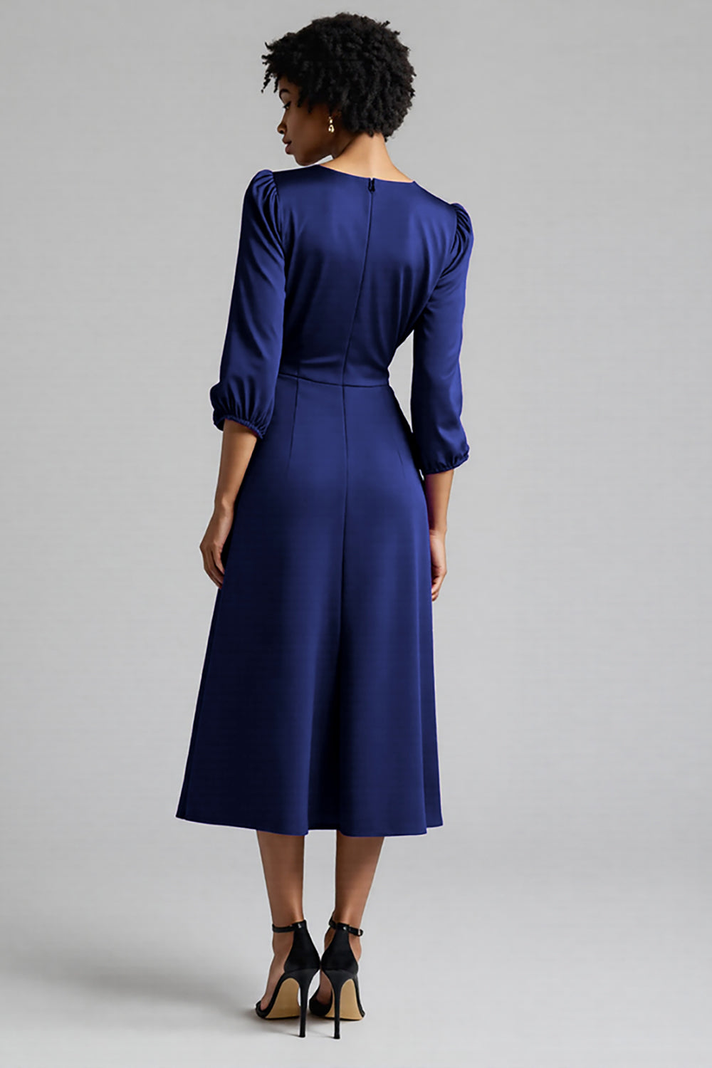 Plum Satin Ruched A Line Midi Work Dress with Sleeves
