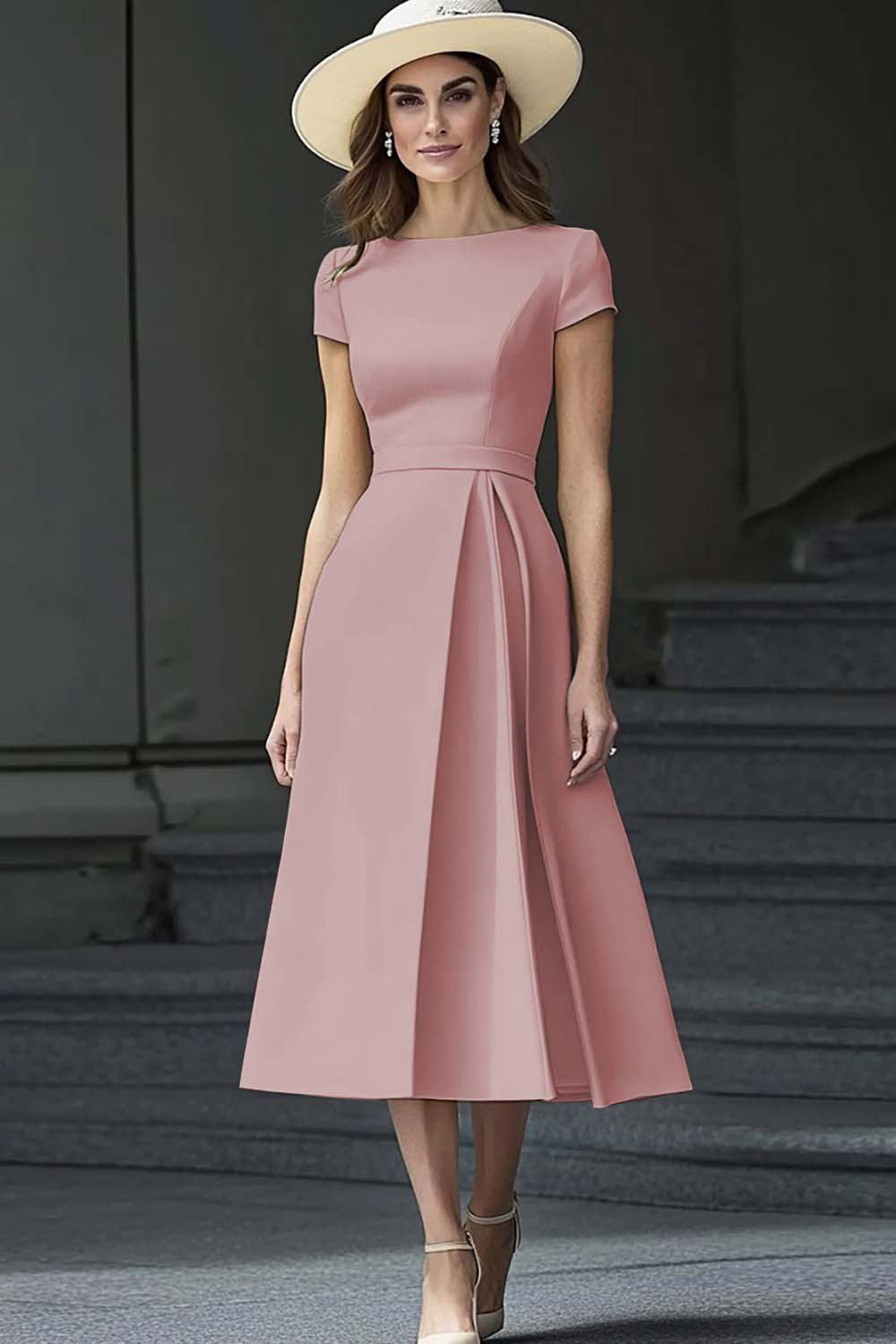 Daffodil Satin A Line Bateau Neck Midi Work Dress