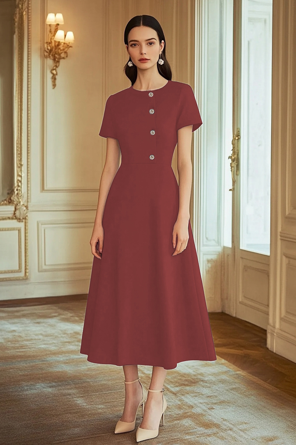 Navy A Line Satin Mid-Calf Work Dress with Sleeves