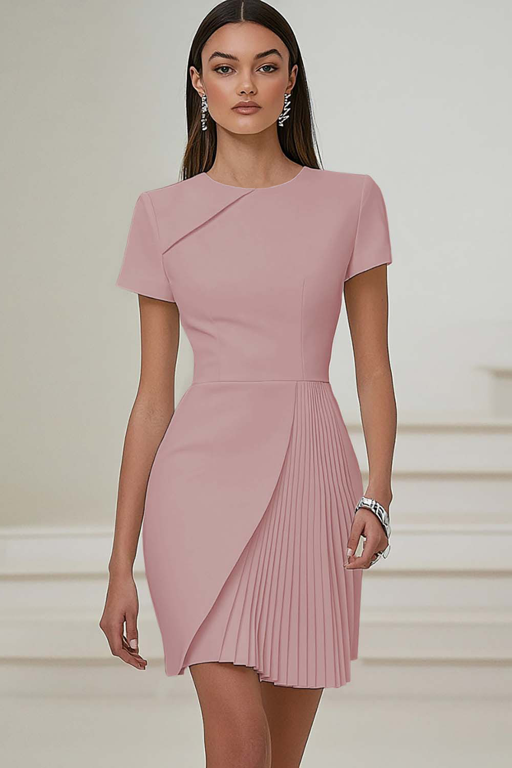 Simple White Satin Bodycon Pleated Short Sleeves Work Dress